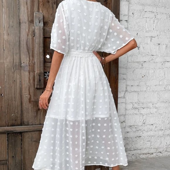 Boho Swiss Dot Wrap Detail Dolman Sleeve Belted Dress white - Picture 3 of 5